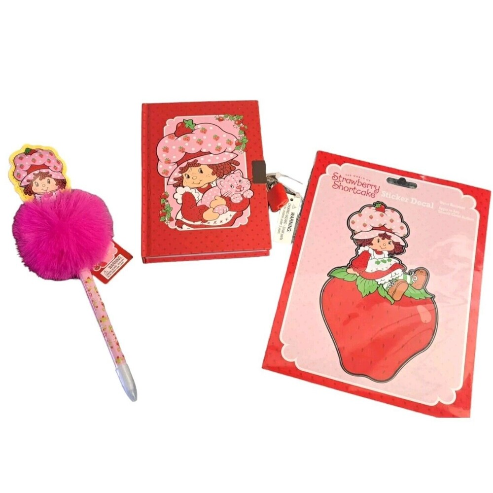 STRAWBERRY SHORTCAKE Stationary Lot Journal w/Lock, Pom Pen, Sticker‎ Decal NWT